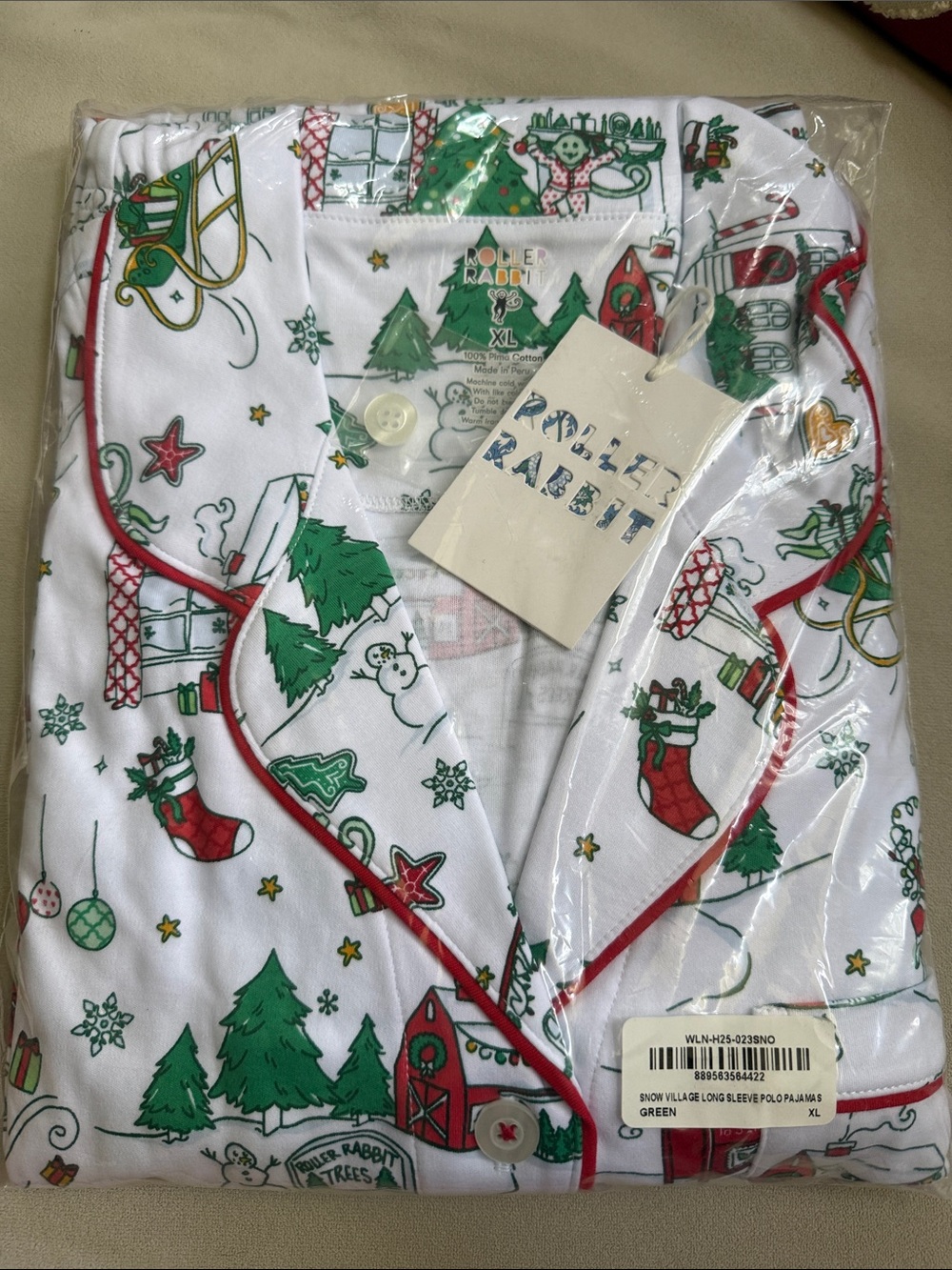 Roller Rabbit White Long Sleeve Pajama Set with Green & Red Holiday Print